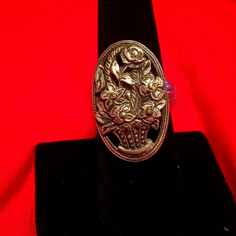 Vintage sterling marcasite ring flower basket